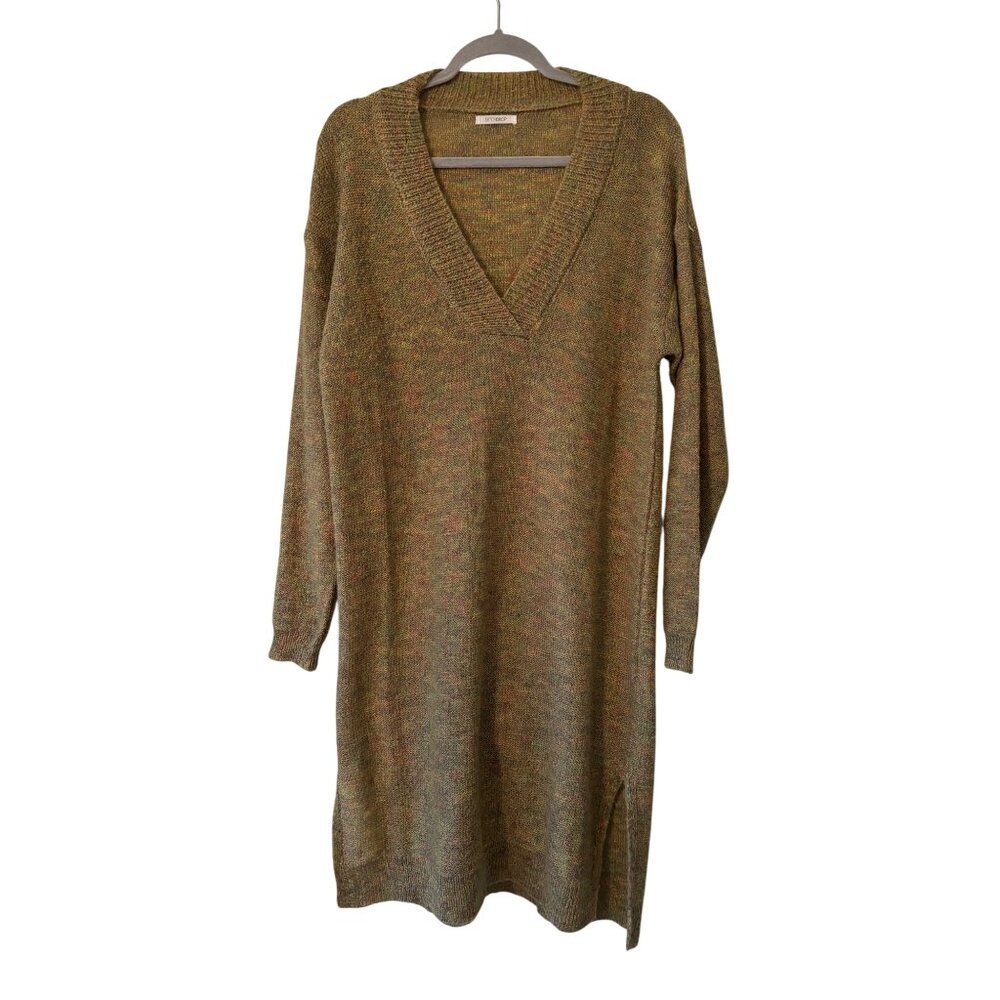 Stitchdrop Womens V-Neck Long Knit Sweater Dress Green Marled Multicolor L